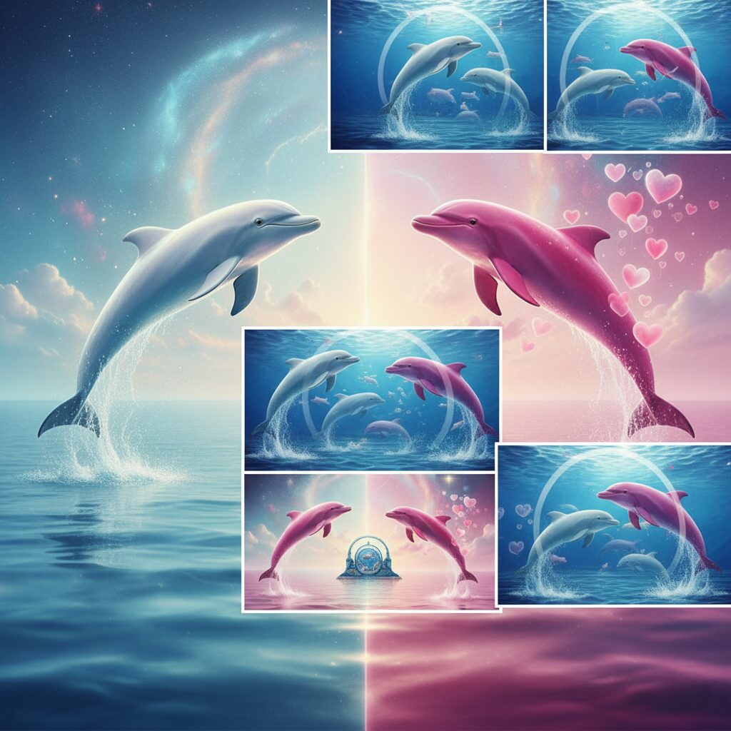 【夢占い】見出し画像で、白いイルカとピンクのイルカが並んでジャンプしている中心の画像。その周囲に、白いイルカやピンクのイルカがそれぞれ単独で、またはペアで泳いでいる小さなコラージュ画像の画像