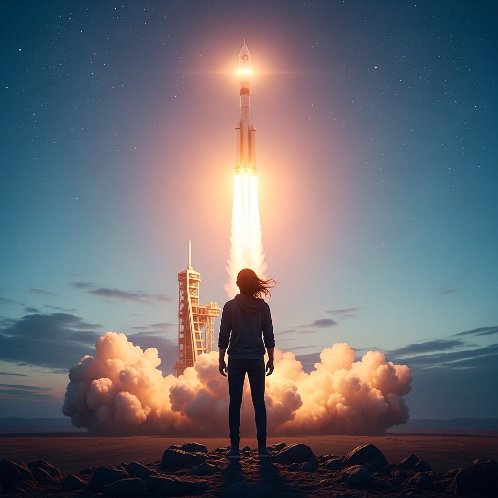 【夢占い】見出し画像で、打ち上げられる力強いロケットを、一人の人物が考え深げに見上げている心理状態や行動を表す画像