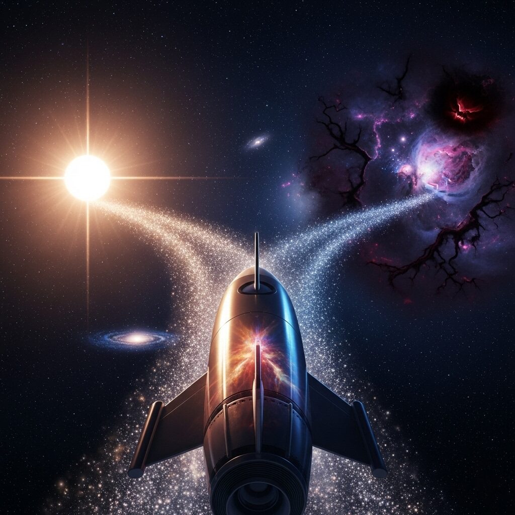 【夢占い】見出し画像で、宇宙空間で、輝く星へ続く道と暗い星雲へ続く道の分かれ道に直面するロケットが描かれた、状況や結果による未来の違いを暗示する画像
