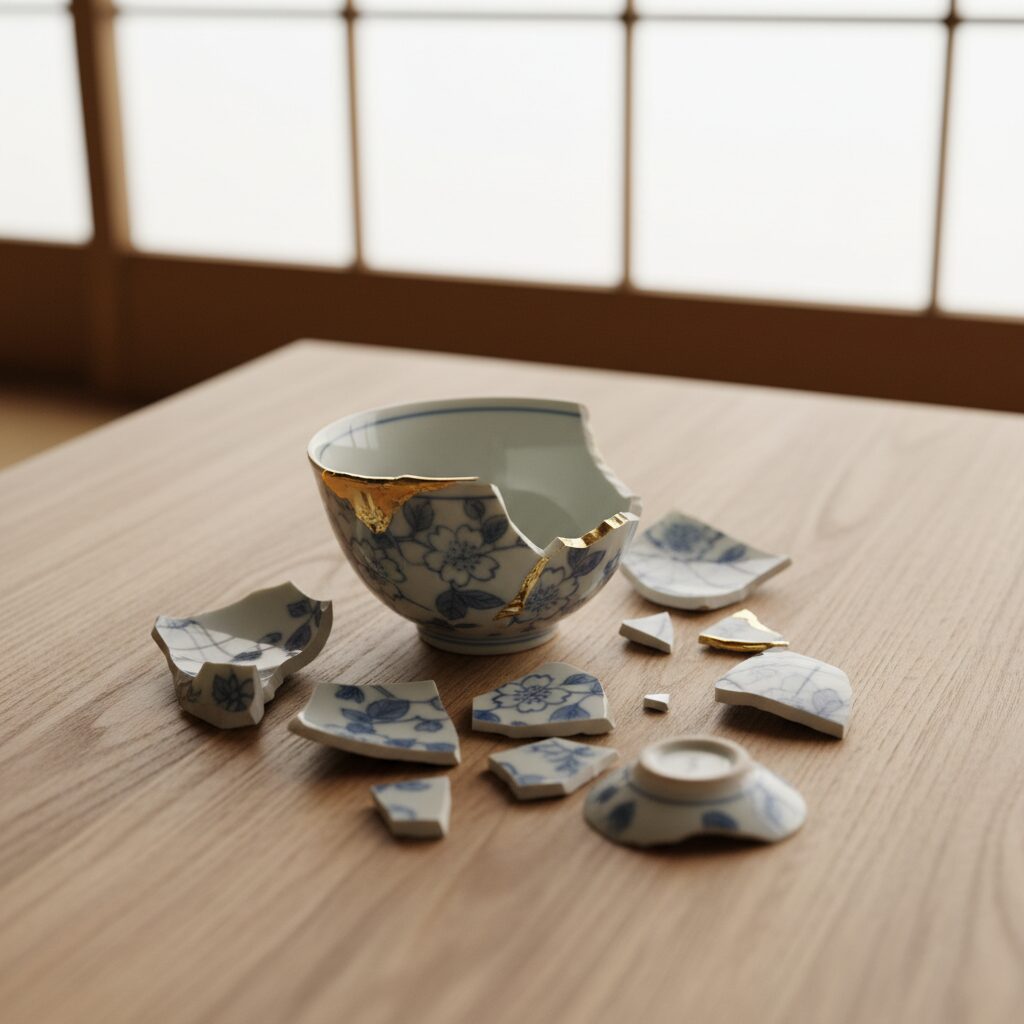 木目のテーブルの上に和風の柄の茶碗が割れて散らばっており、一部が金継ぎされている様子の画像
