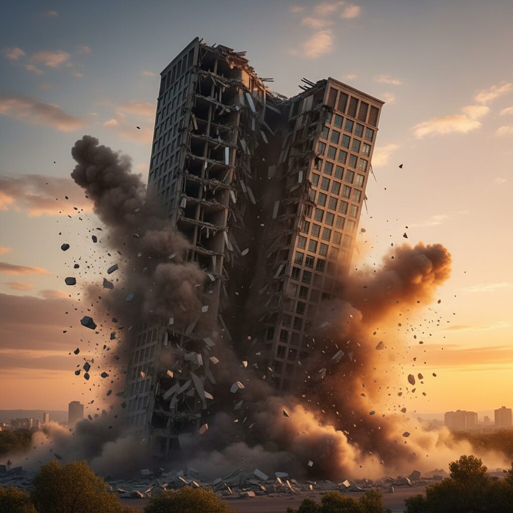 【夢占い】見出し画像で、夕焼け空の下、激しい煙と瓦礫を上げて崩壊するビルの画像