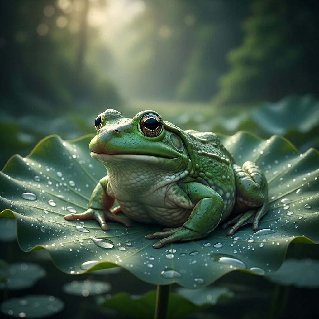 【夢占い】見出し画像で、水滴をまとった蓮の葉の上に静かに座るカエルの写真の画像