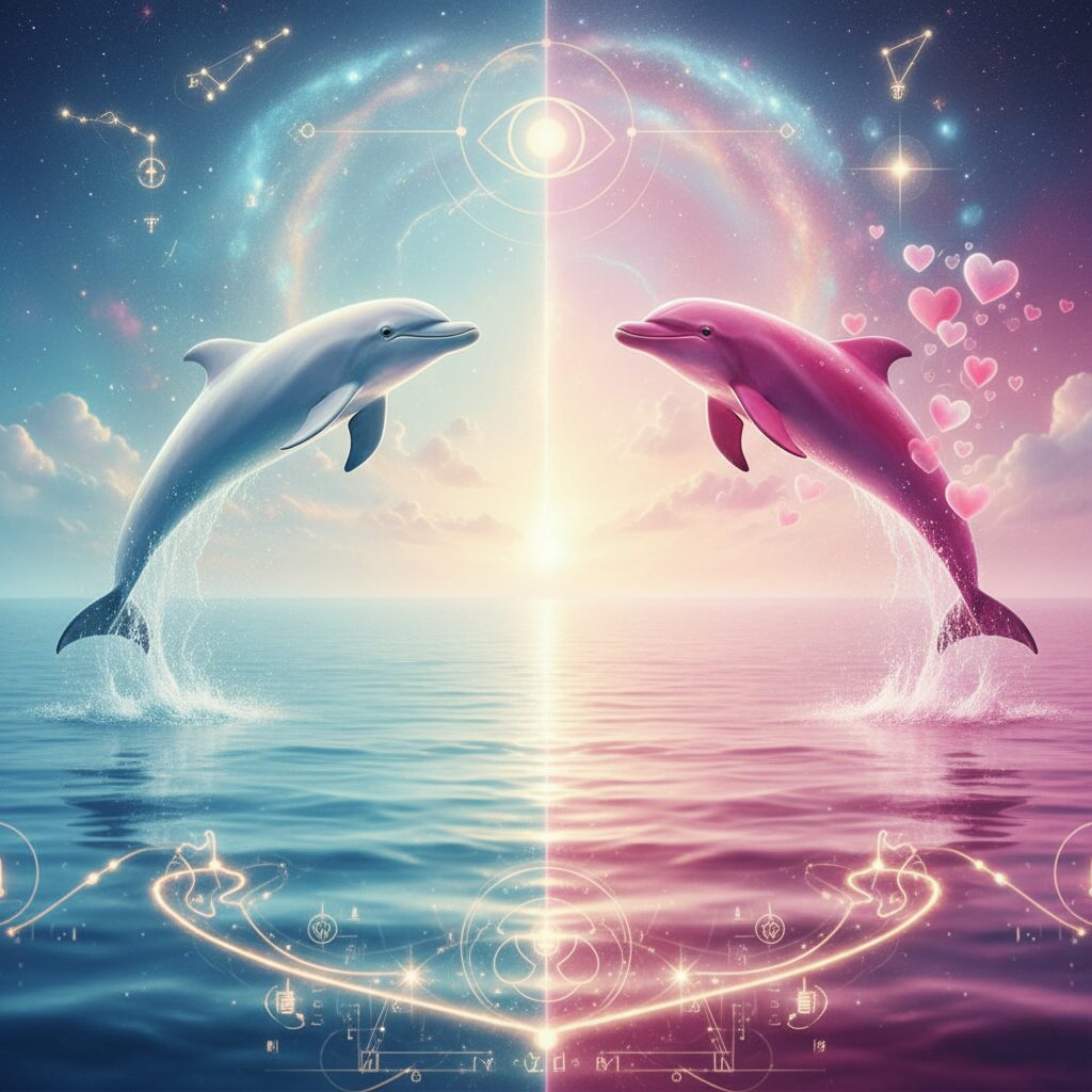 【夢占い】見出し画像で、神秘的な水面からジャンプする白いイルカとピンクのイルカ。背景には星や幾何学模様が輝き、夢占いの世界観を表しているイメージの画像