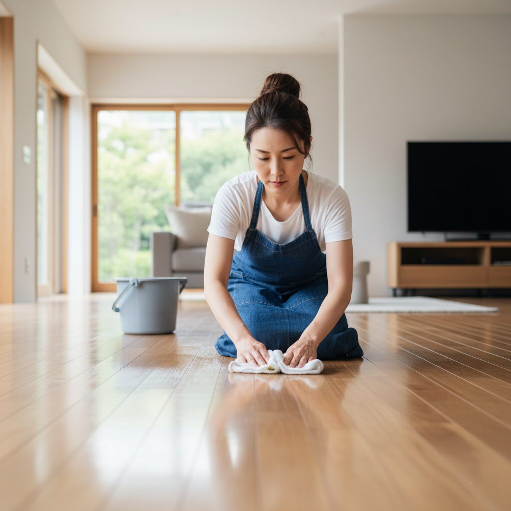 【夢占い】見出し画像で、明るいリビングで、女性がフローリングを雑巾がけしている清潔感のある画像